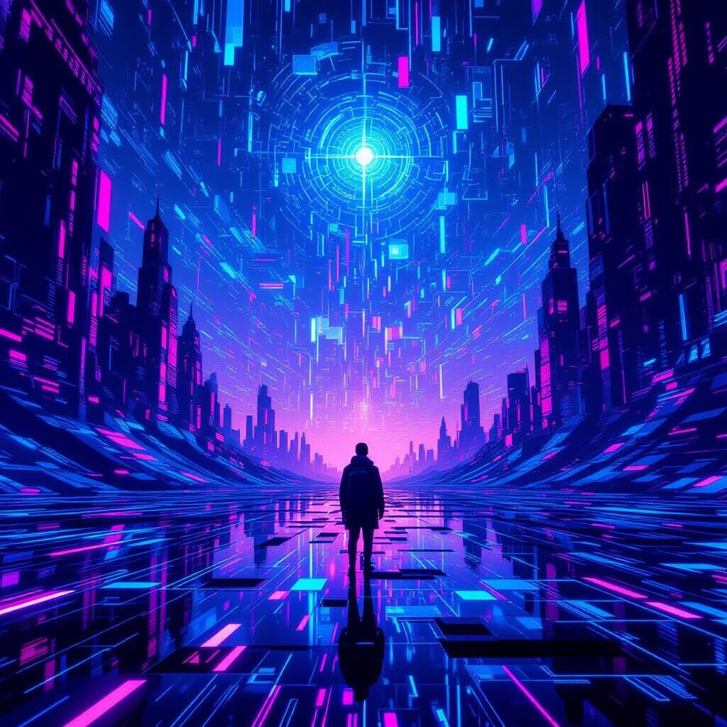 Cyberpunk Fractal Landscape with Neon Code Streams