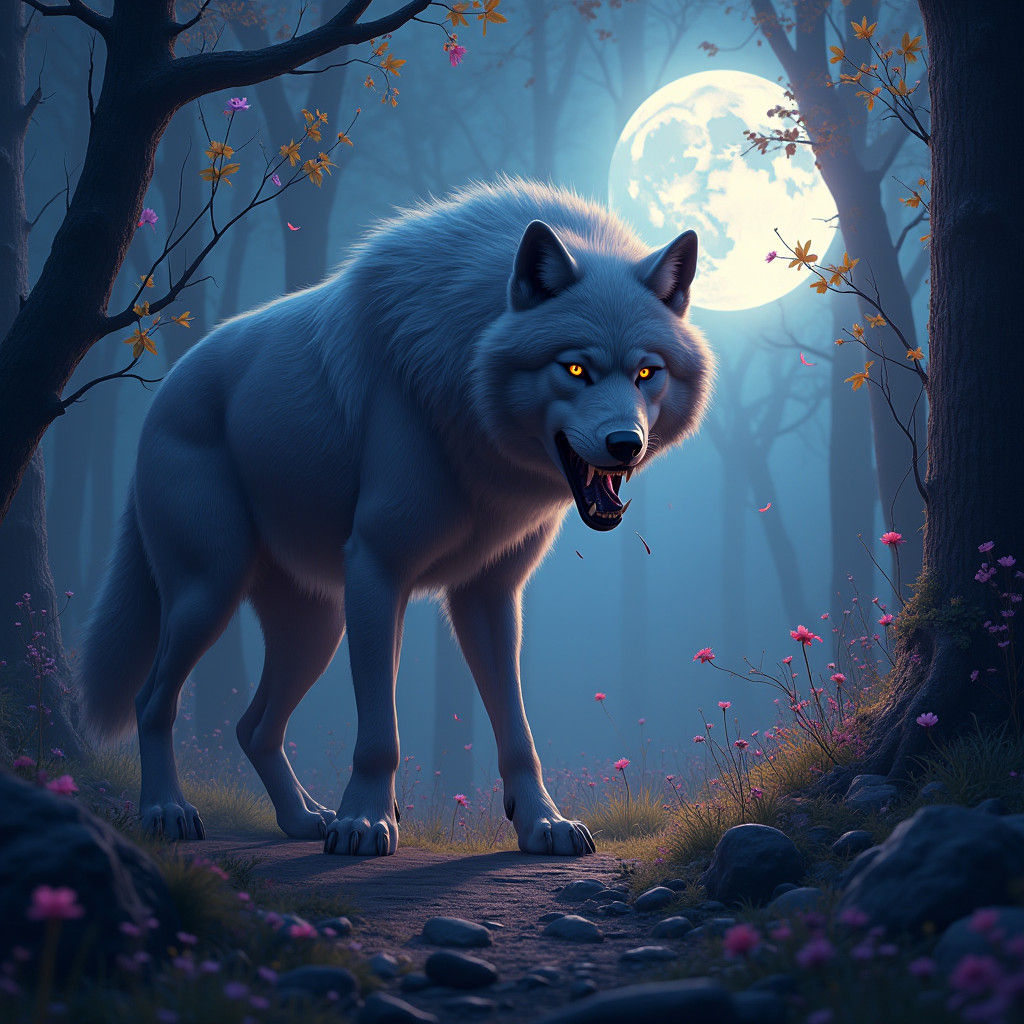 Majestic Wolf Devouring Prey Under Full Moon