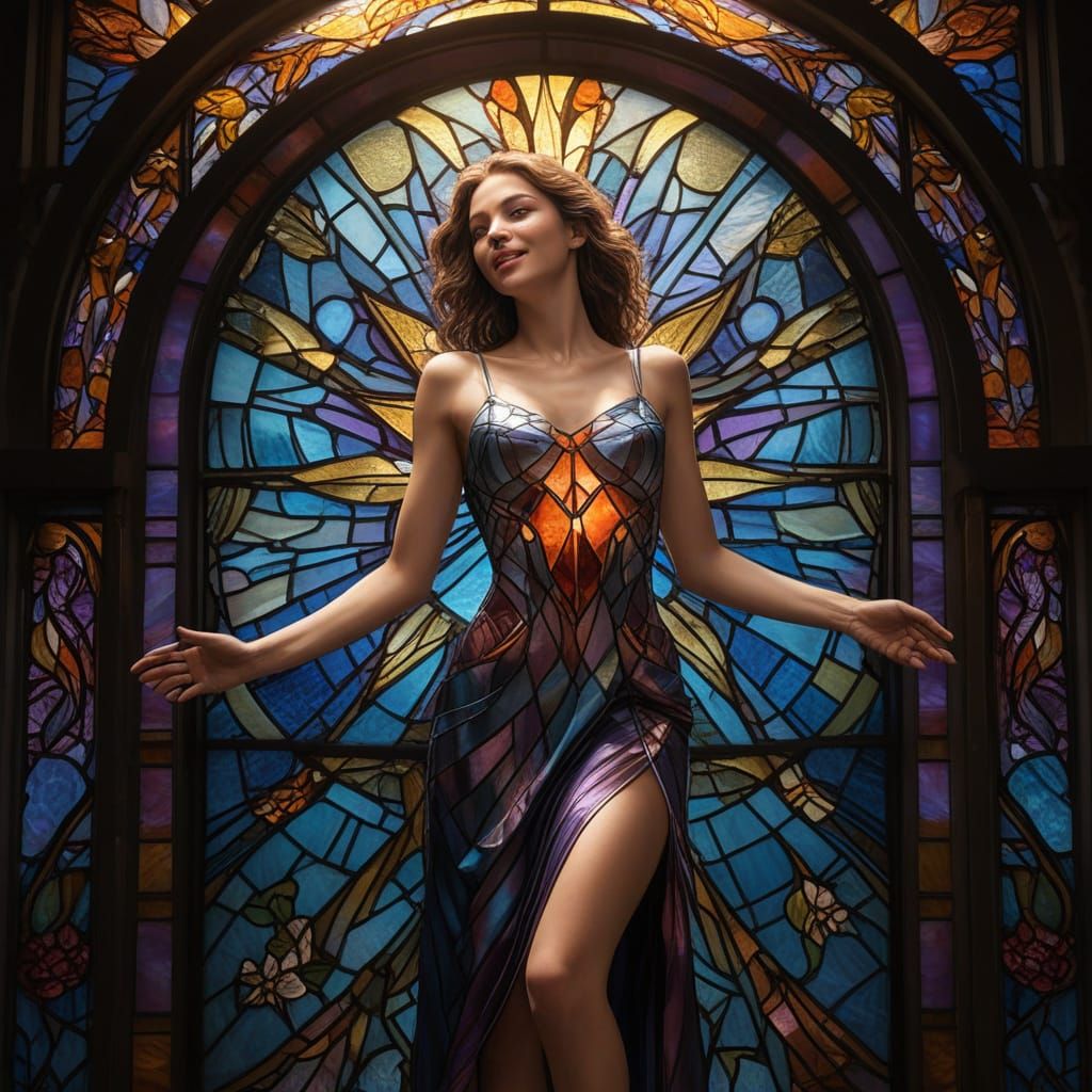 Woman Emerges from Vibrant Stained Glass Window in Radiant, ...