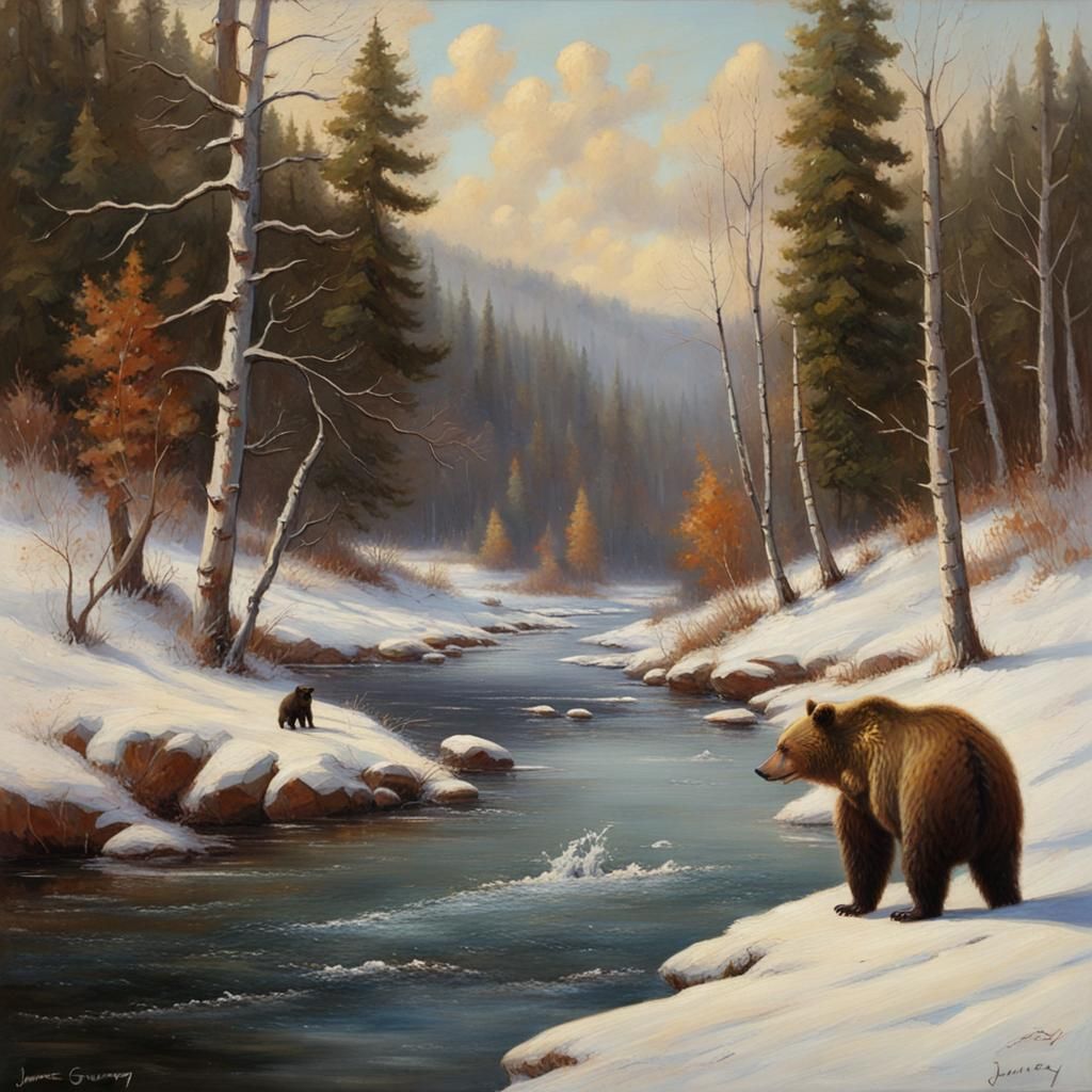 Bear Fishing in Winter River, Oil Painting