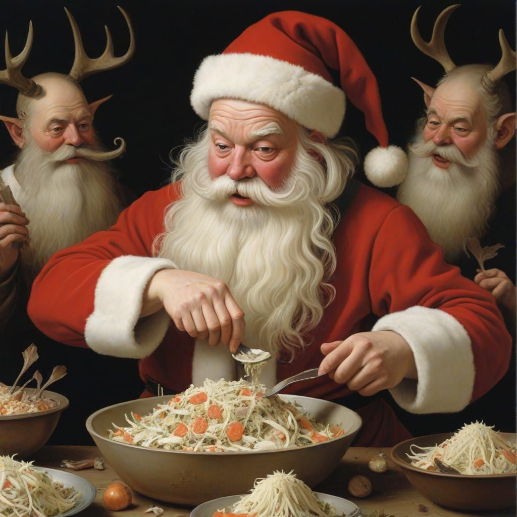 Santa Claus in a Surreal Coleslaw Feast