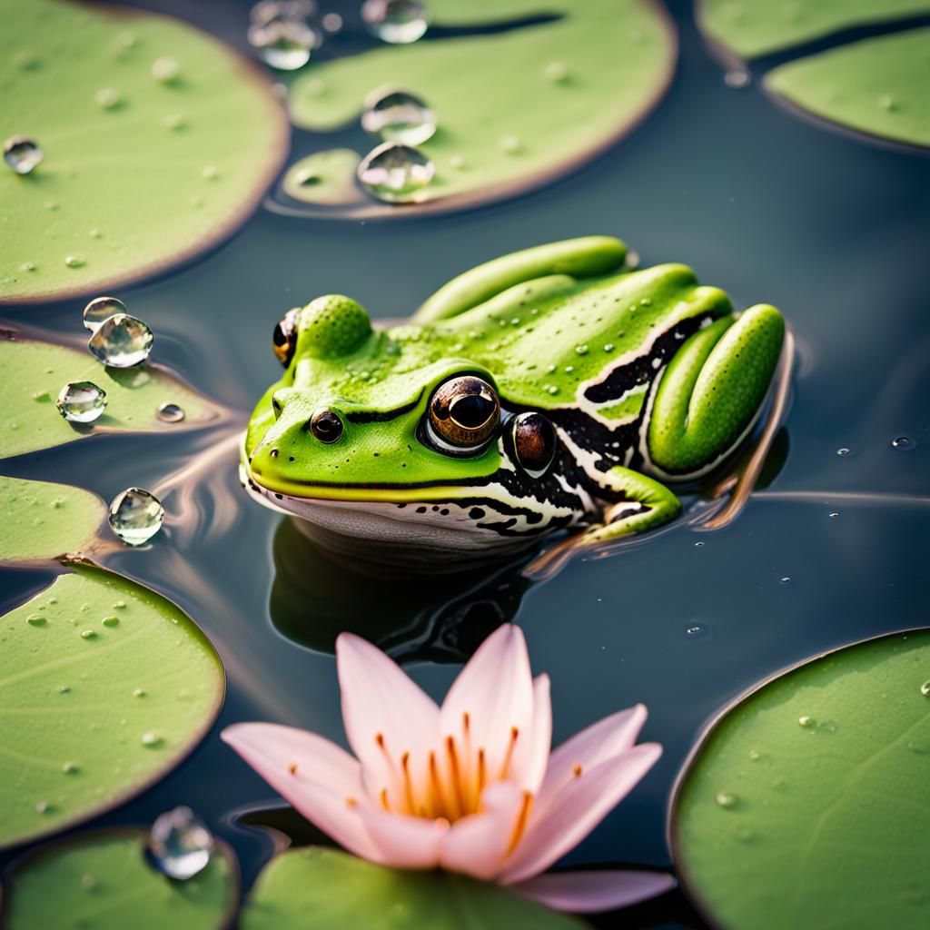 Green Frog on Lily Pad: Detailed Matte Painting
