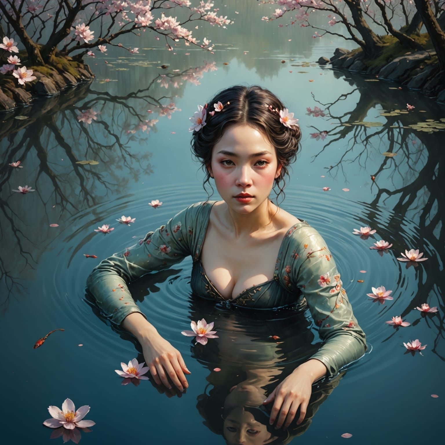 Woman in Pond, Monge Style Digital Art