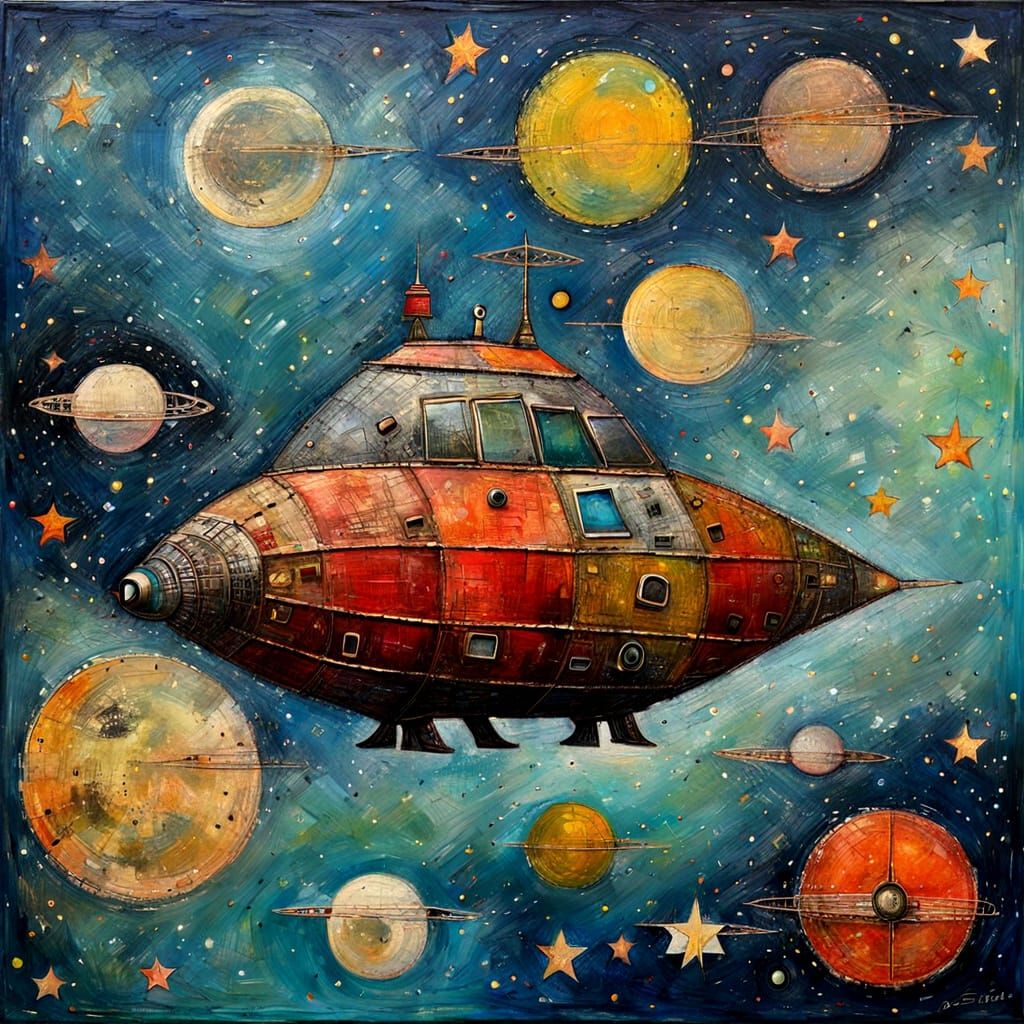 Spaceship Among Stars in Naive Encaustic Style