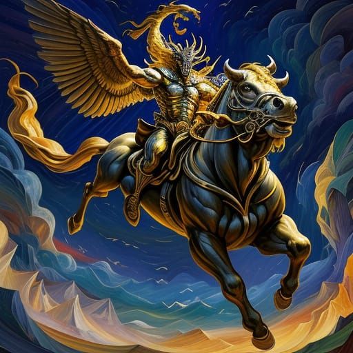 Majestic Bull Soars with Wings in Whimsical, Dreamlike Scene