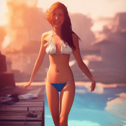 Brunette Woman in Bikini: Hyperrealistic Concept Art