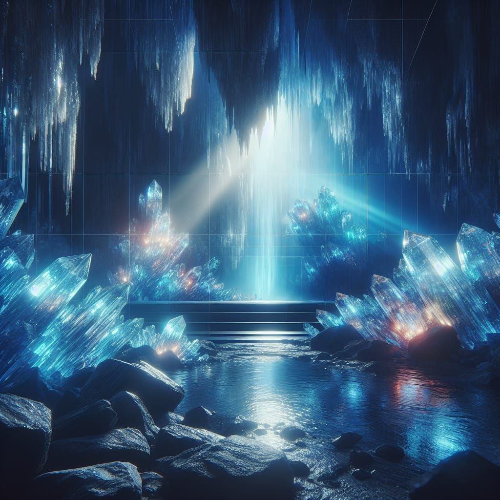 Shimmering Blue Waterfall in Crystal Cavern