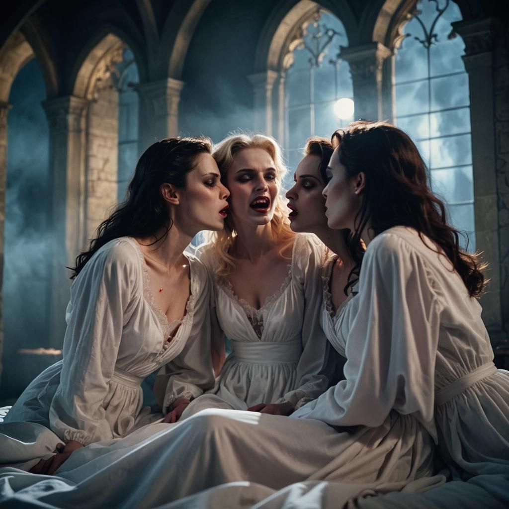 Three Female Vampires Kissing Victim in Castle Bedroom