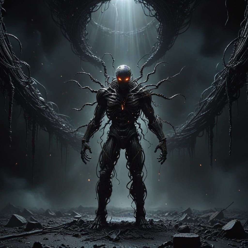 Monstrous Machine Swallowing Humanity in Black Hole Vortex