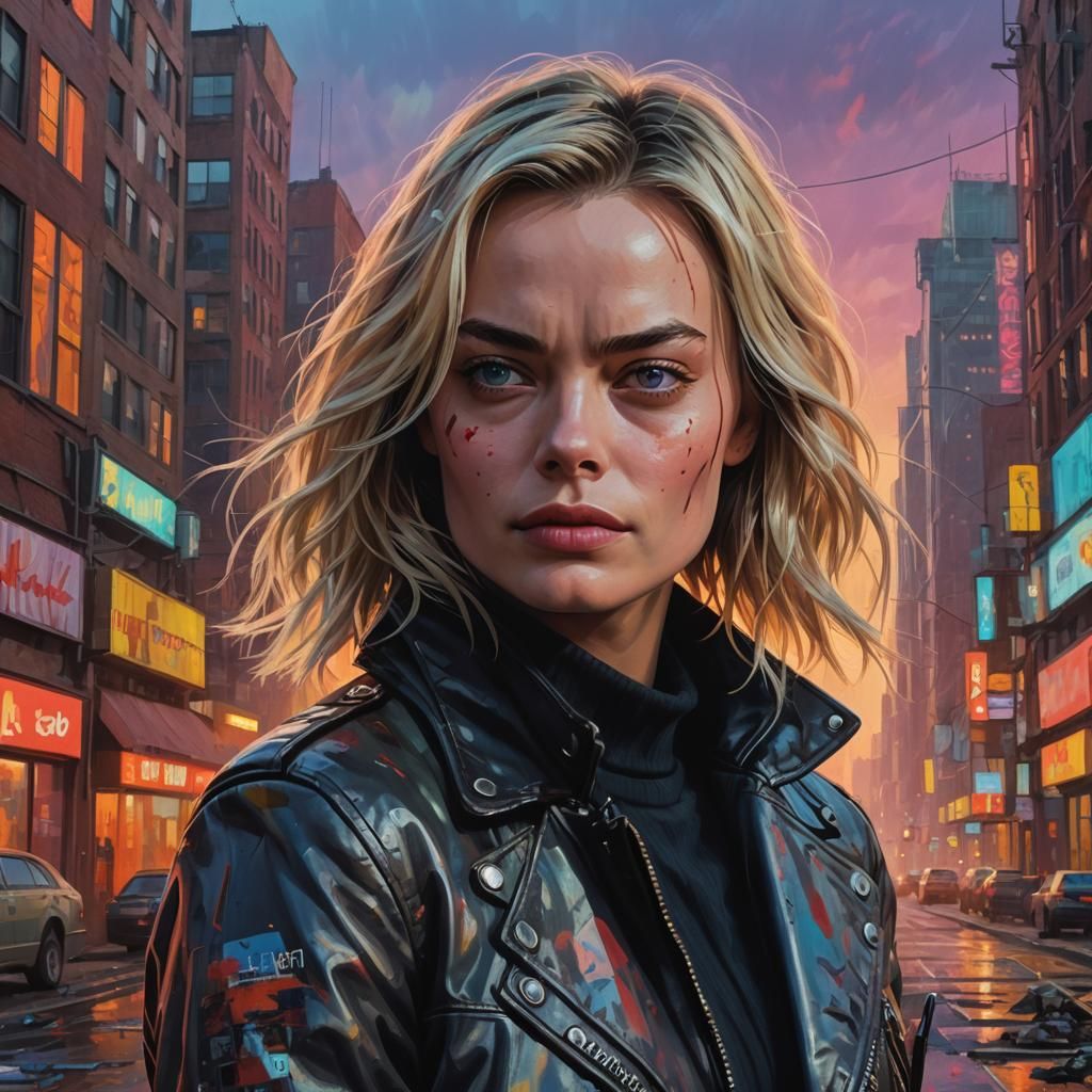 Intense Gaze: Hyperrealistic Woman in Cityscape