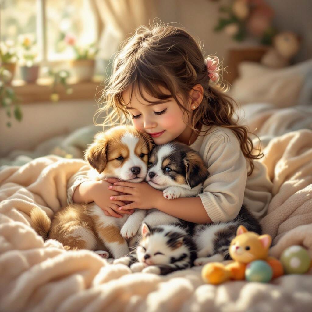 Girl Cuddling Puppies and Kittens in Whimsical Style