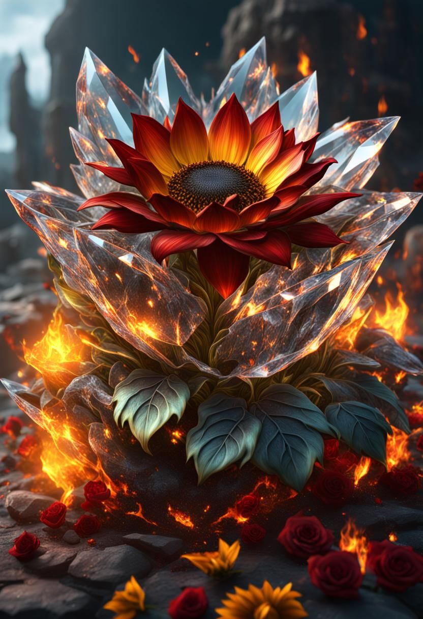 Sunflower Crystal with Fire Roses, Detailed Matte Painting