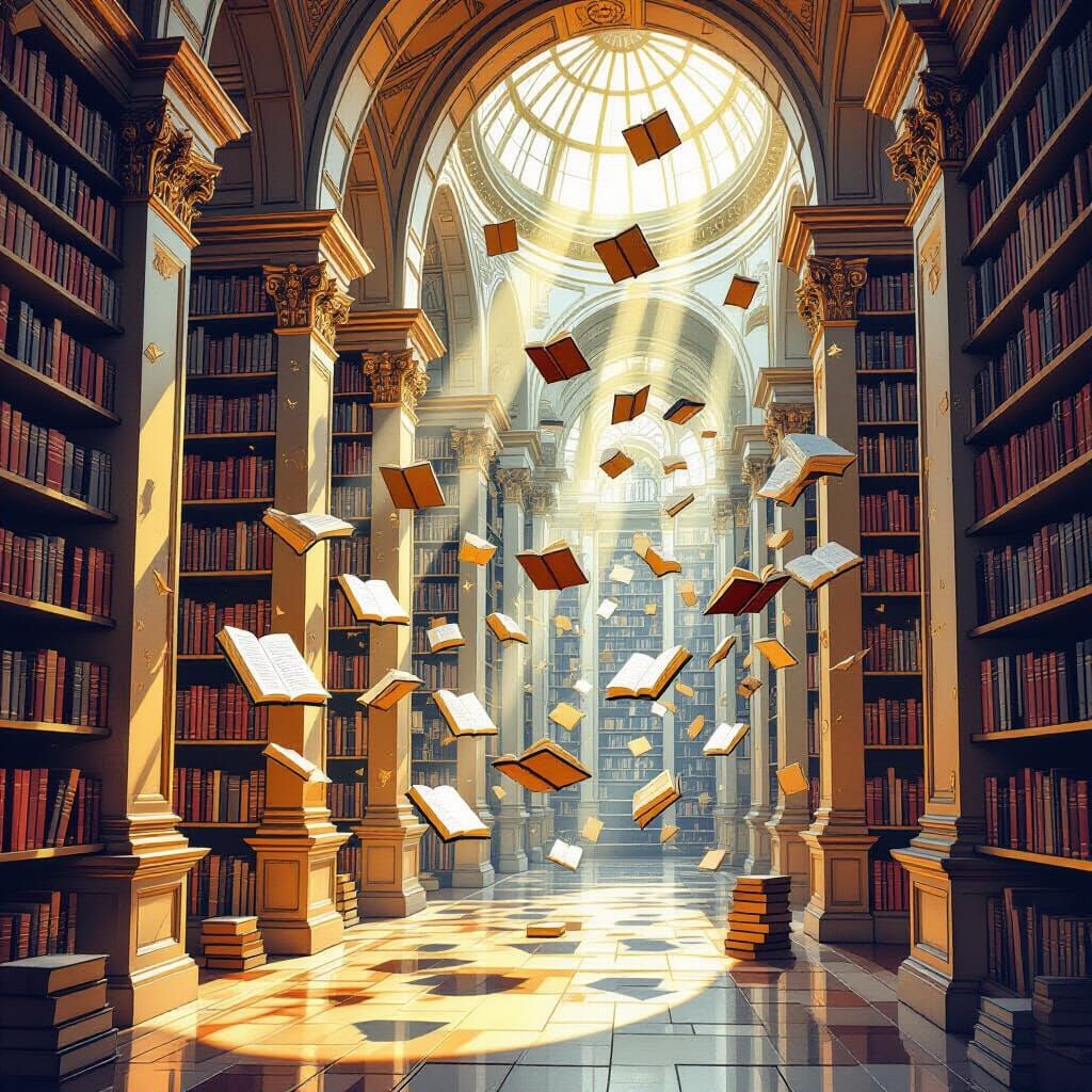 Surreal Library with Floating Books in Watercolor Style
