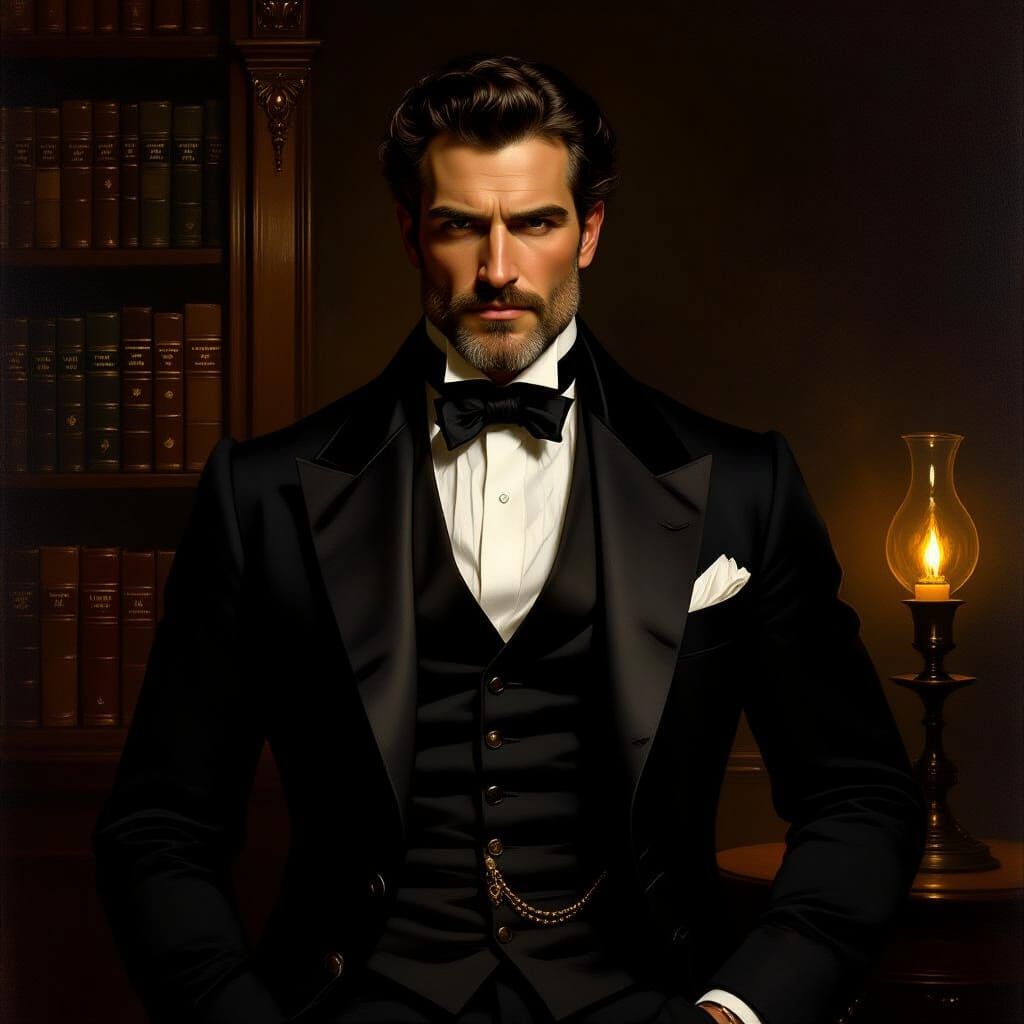 Muscular Man in 1800s Suit with Brooding Expression