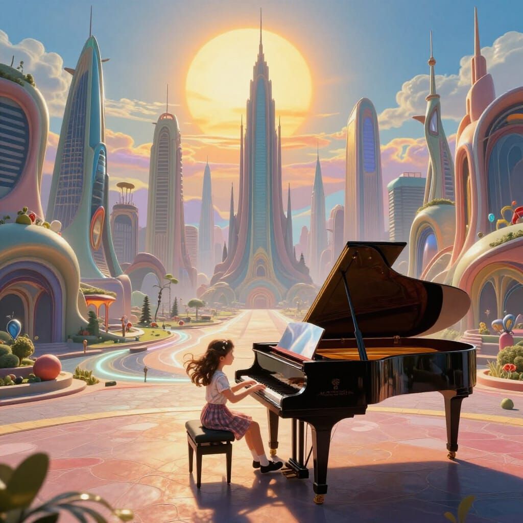 Girl Plays Piano in Surreal Utopian City Square