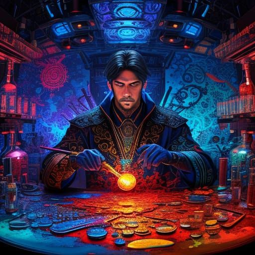 Scientist in Cluttered Lab, Alcohol Ink Style