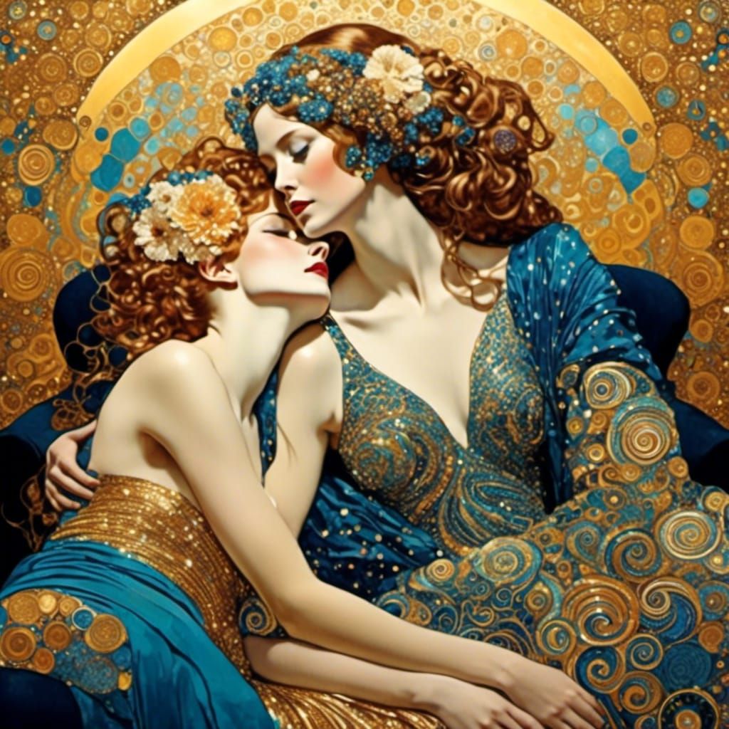 Psychedelic Embrace: Two Women in Klimt-Inspired Art