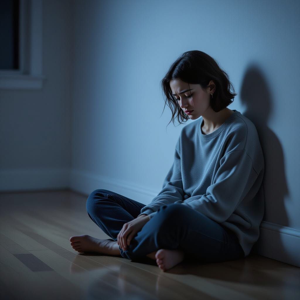 Exhausted Figure Weeping in Moonlight, Cinematic Photograph
