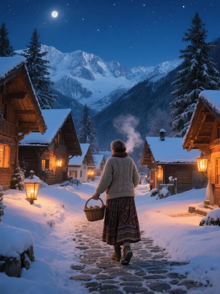 Serene Swiss Alpine Village in Snowy Night