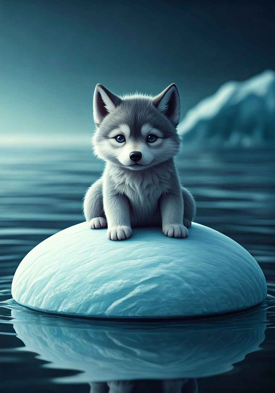 Adorable Wolf-Manatee Chimera Pup in Icy Water