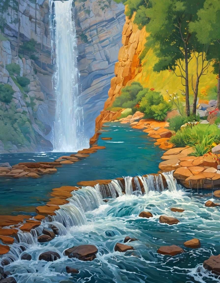 Vibrant Landscape Painting with Waterfall in Quadrants