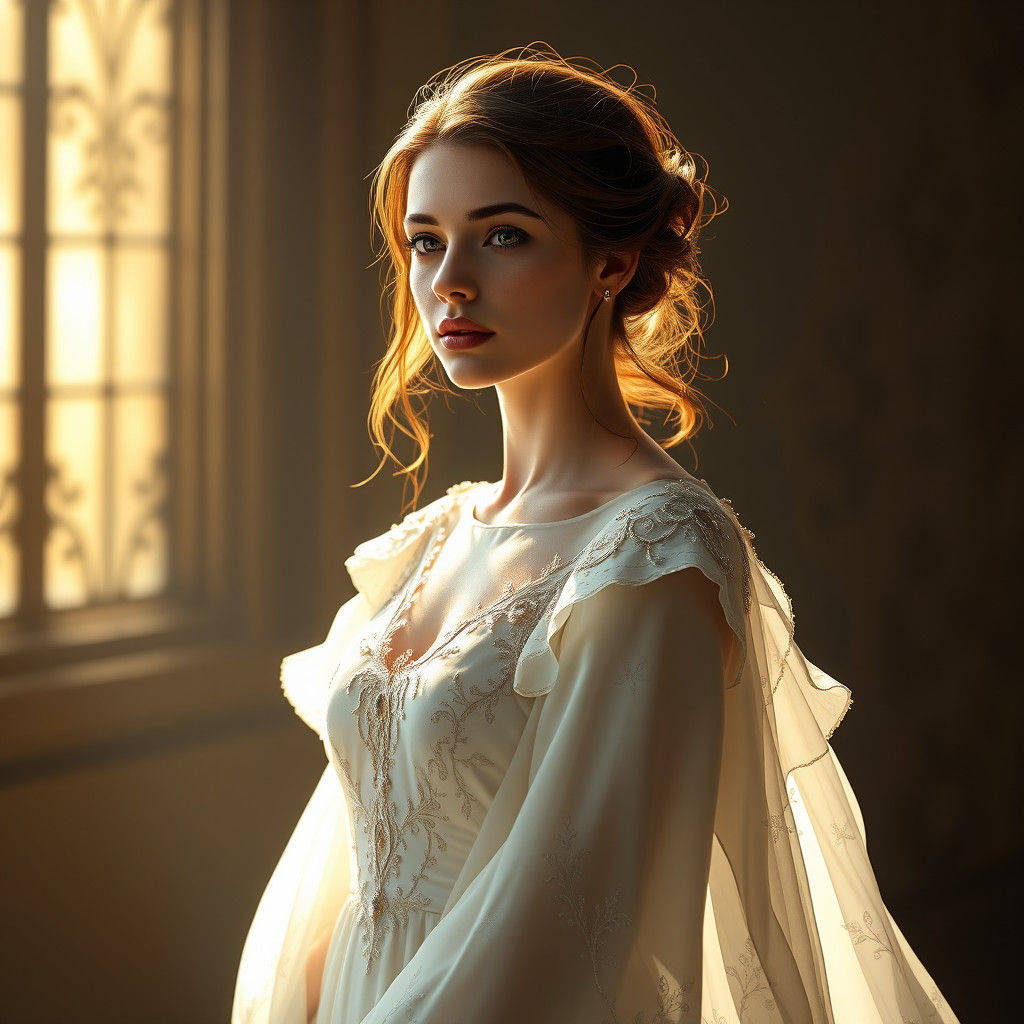 Elegant Woman in White Gown: Art Nouveau Portrait