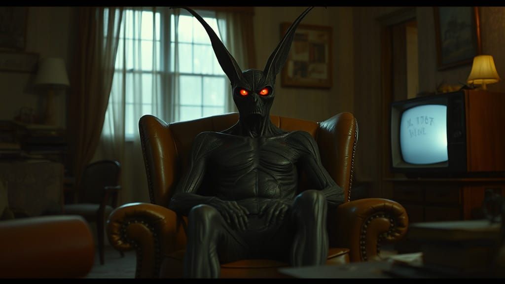 Mothman in a Dimly Lit Livingroom, Cinematic Film Still