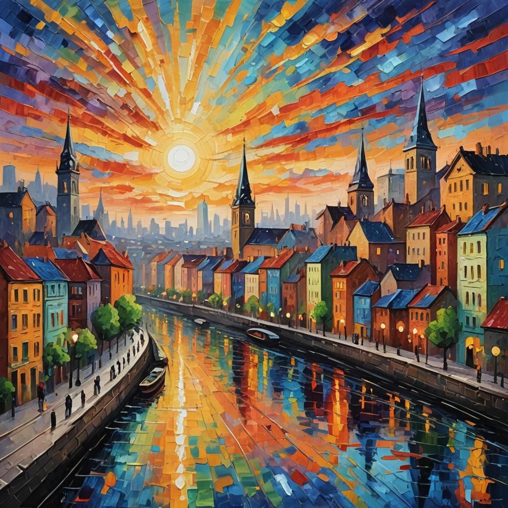 Expressionist Sunset Over a Busy City