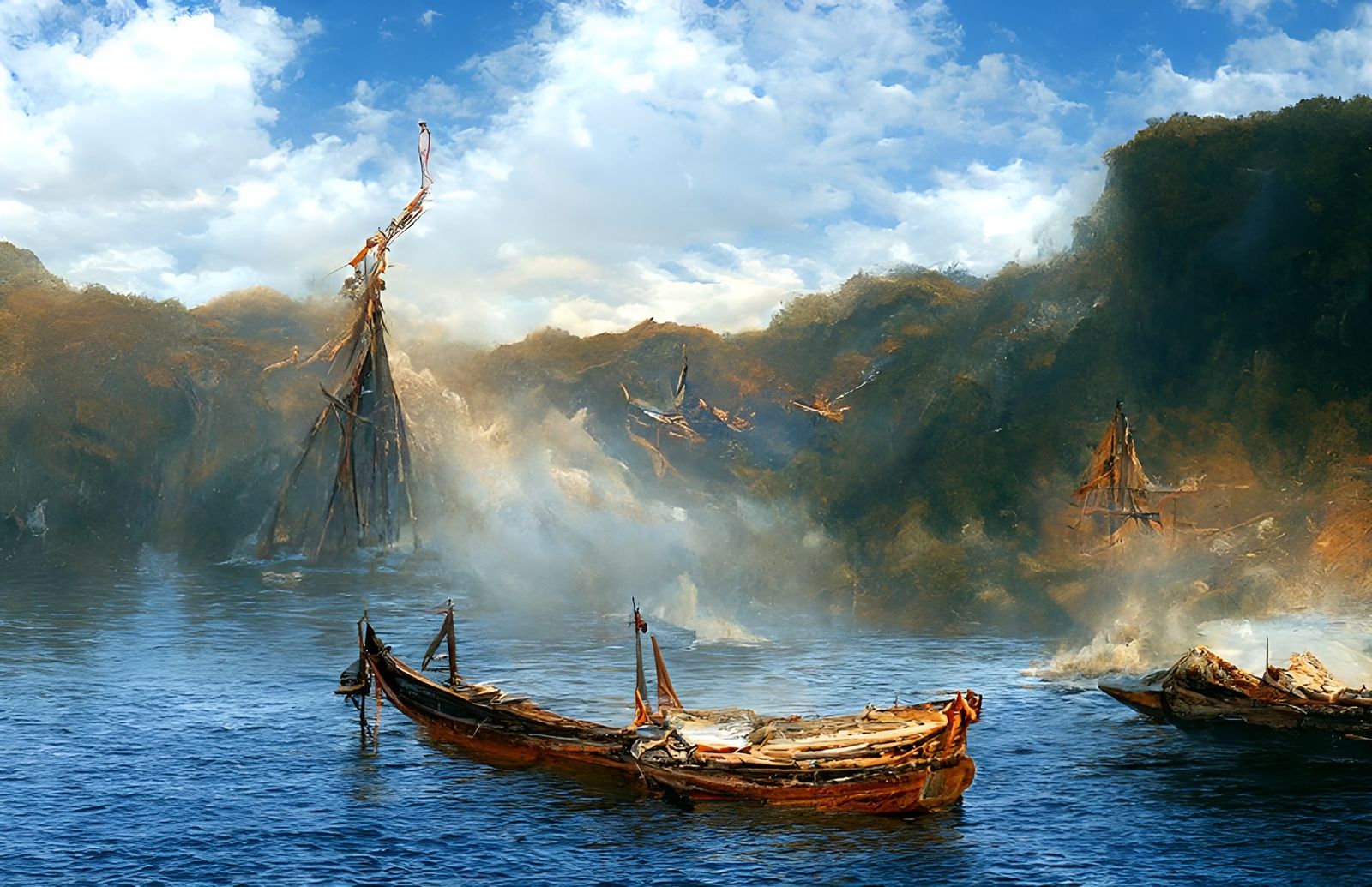 Viking Longship Leaving Fjord in Romantic Style