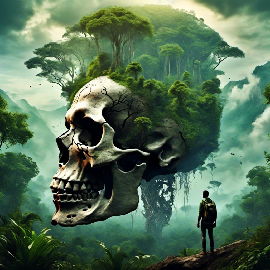 Skull and Forest Digital Art with Silhouette