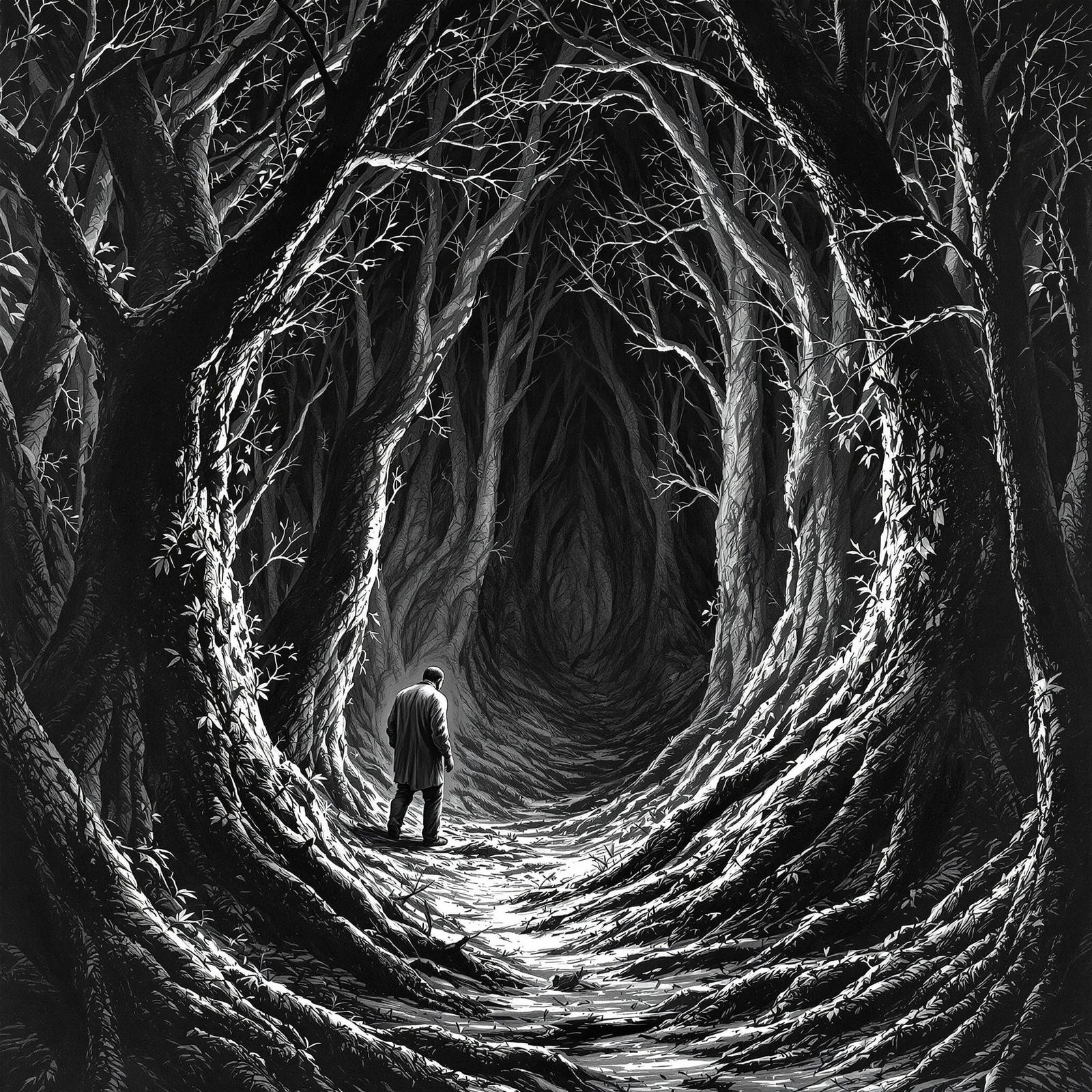 Man Lost in Dark Forest, Pencil Drawing Style