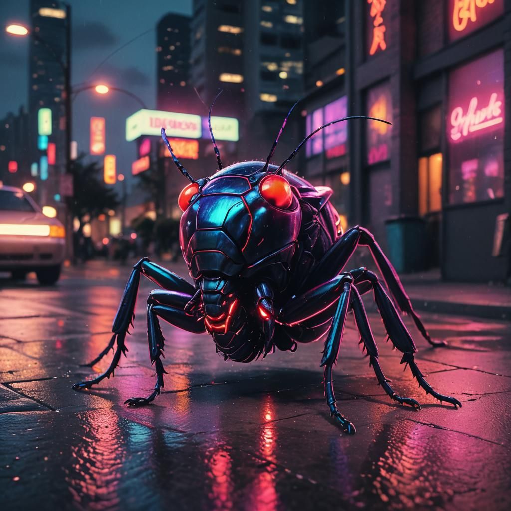 Synthwave Insect in Neon Cityscape