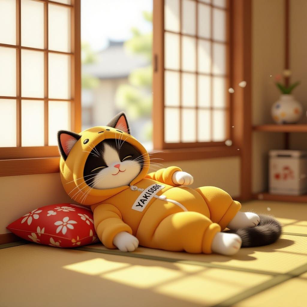 Cat in Yakisoba Bread Onesie in Retro Japanese Apartment