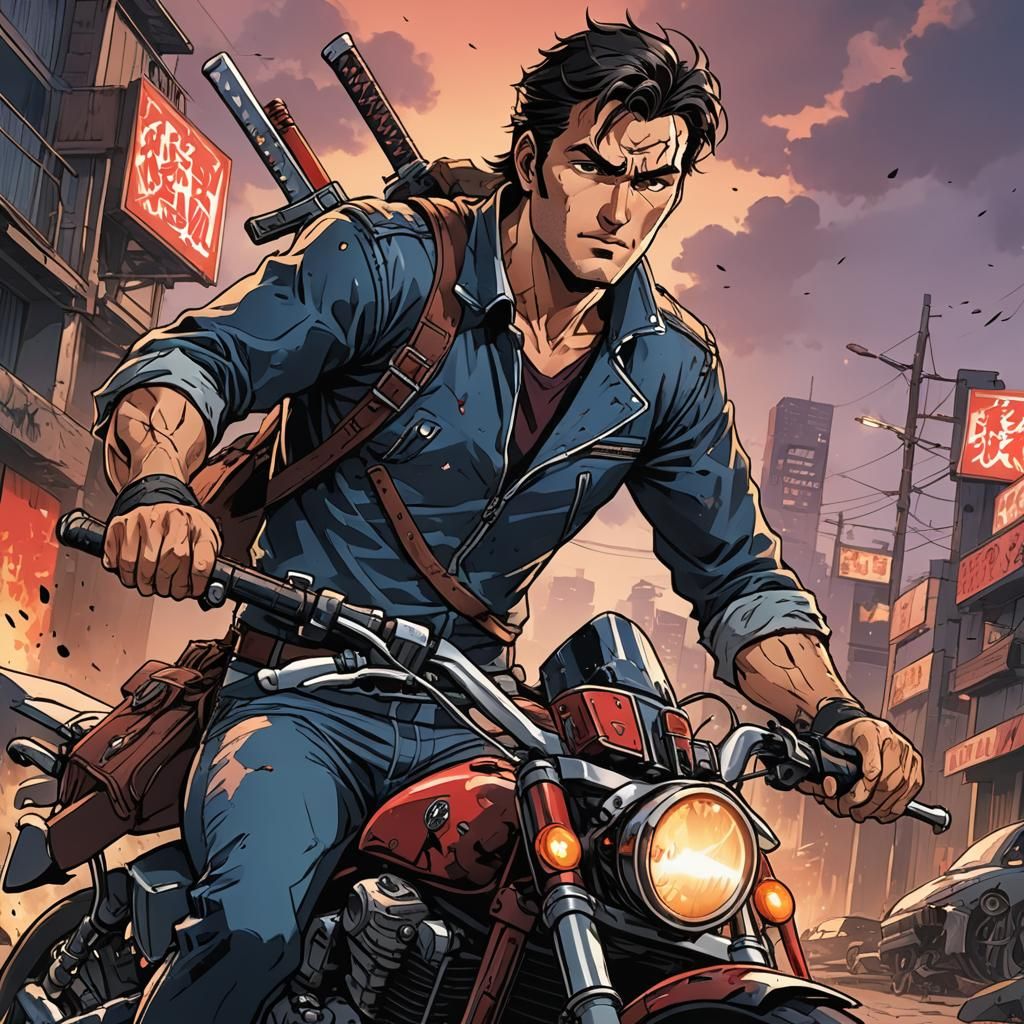Ash Williams Rides Motorcycle with Katana: Anime Art