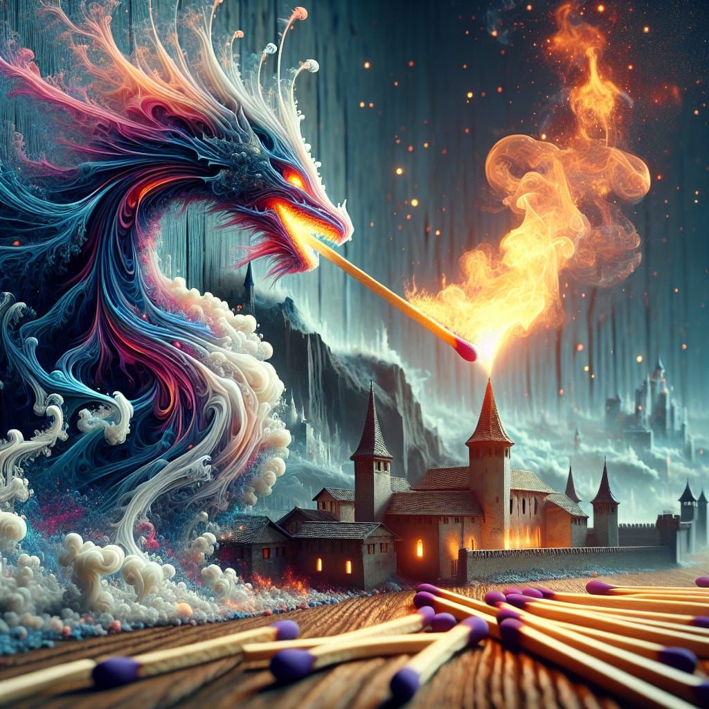 Smoke Dragon Breathing Fire Over Medieval Village