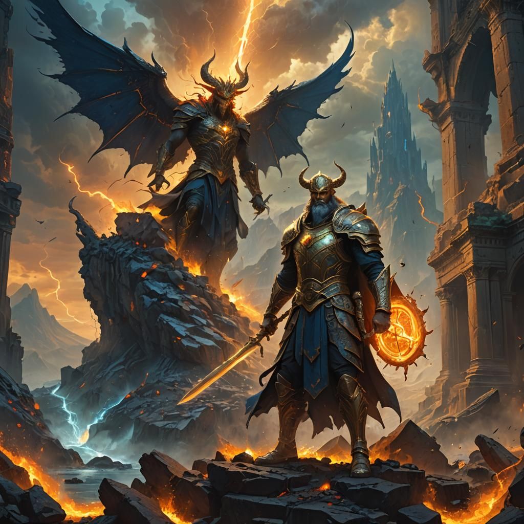 Heroic Prophet's Victory in Dark Mystical Landscape