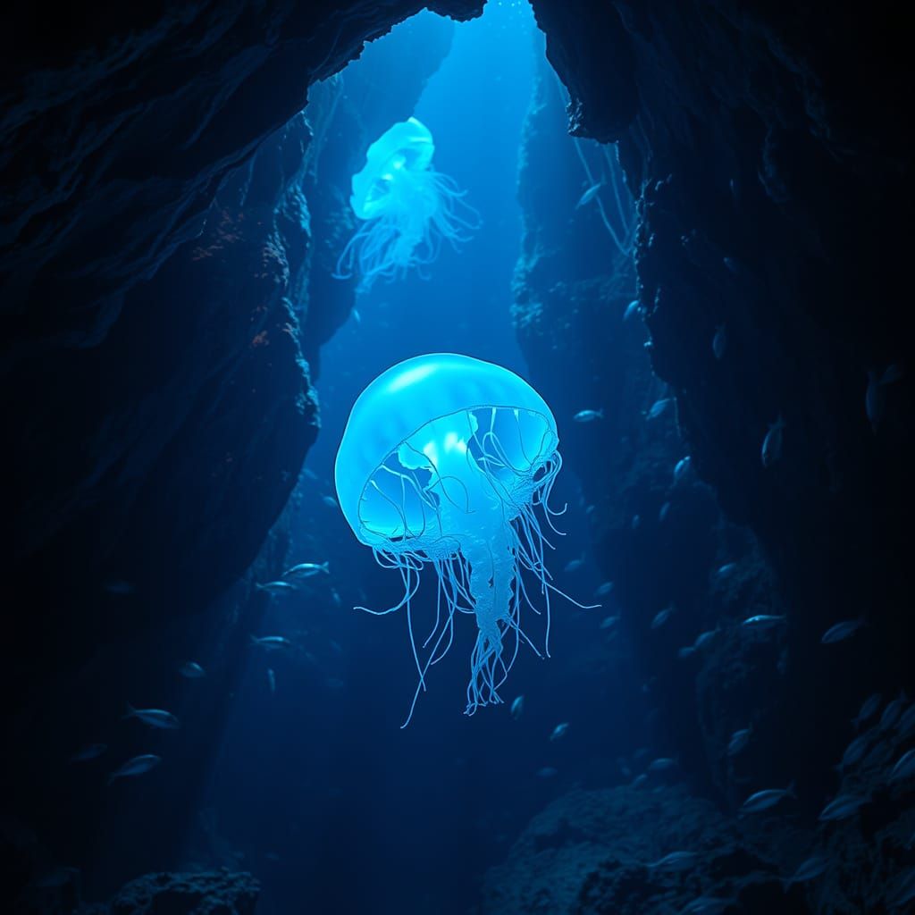 Bioluminescent Jellyfish in Deep-Sea Cave