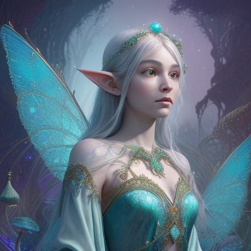 Regal Elven Figure Amidst Fractal Geometry and Fairies