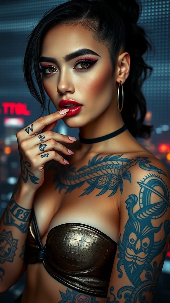 Futuristic Woman Portrait with Tattoos in High Fashion
