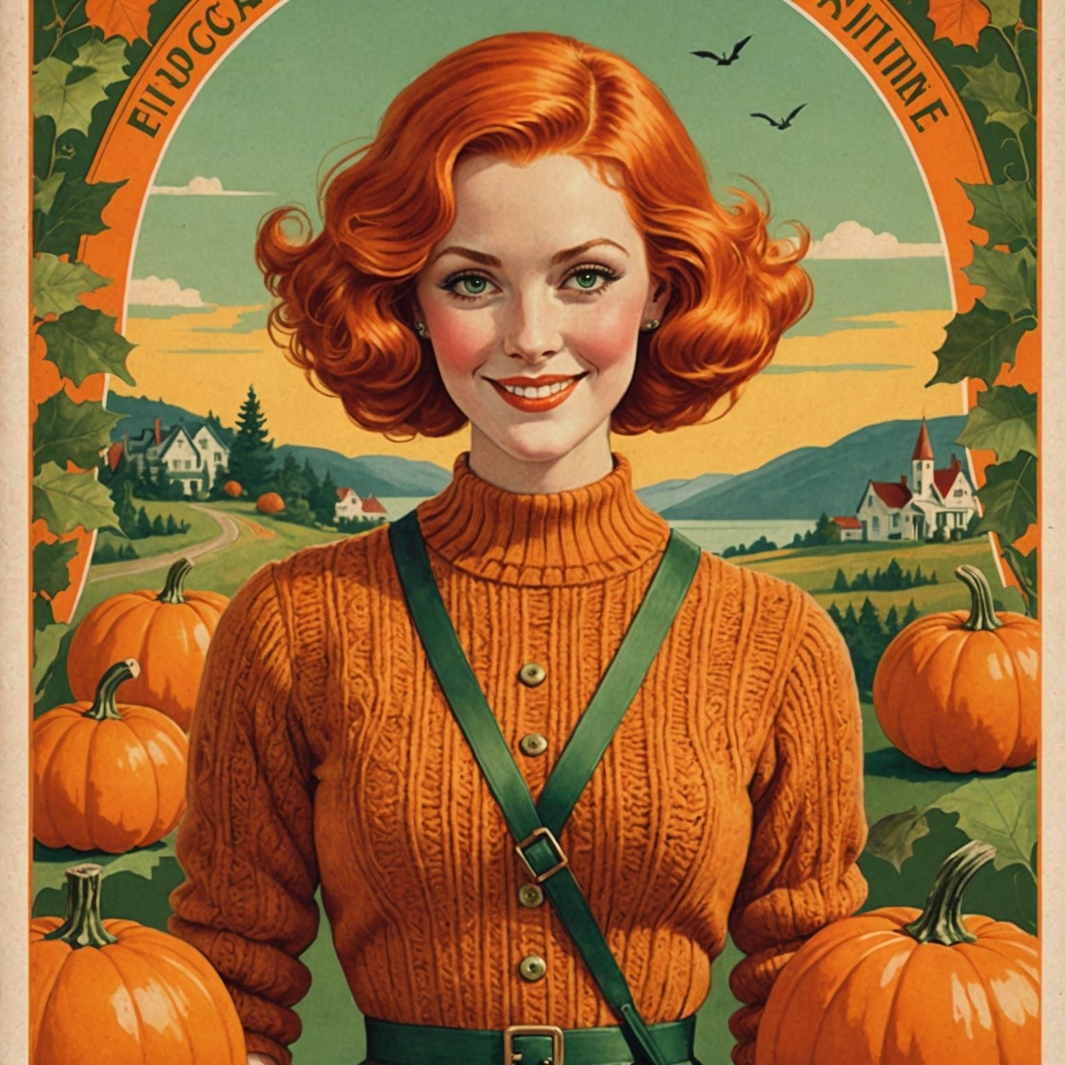 Woman with Pumpkin in Vintage Postcard Style