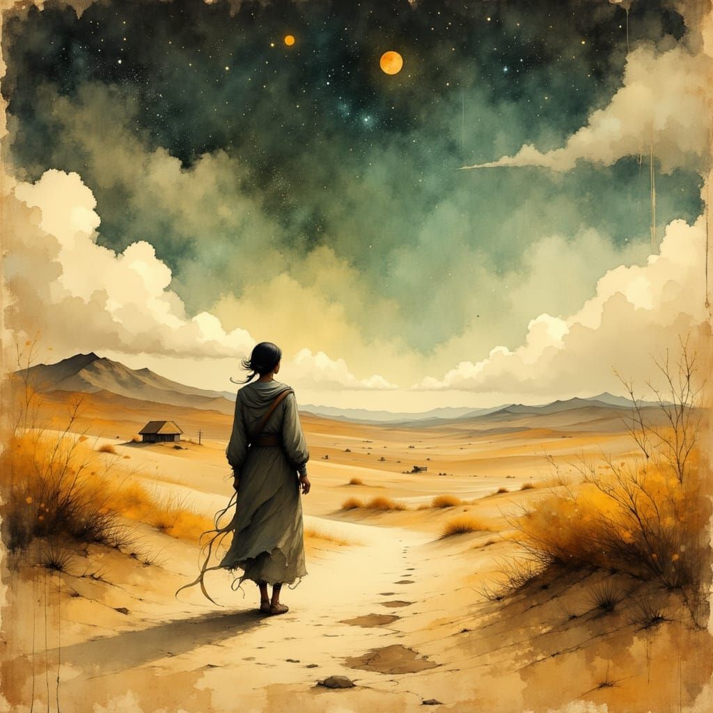 Sahara Desert Dawn Sketch with Explorer