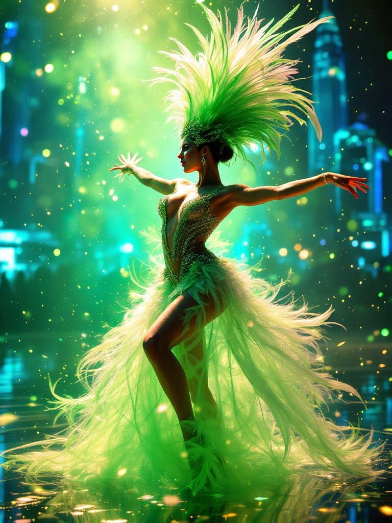 Cabaret Dancer Amidst Green Explosion in Futuristic Fantasy