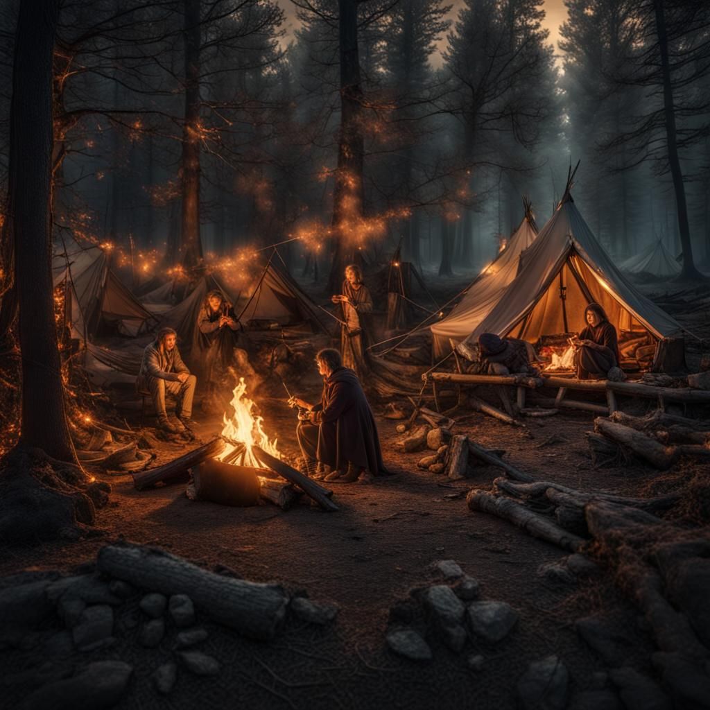 Forest Camp at Night Illuminated by Fireflies