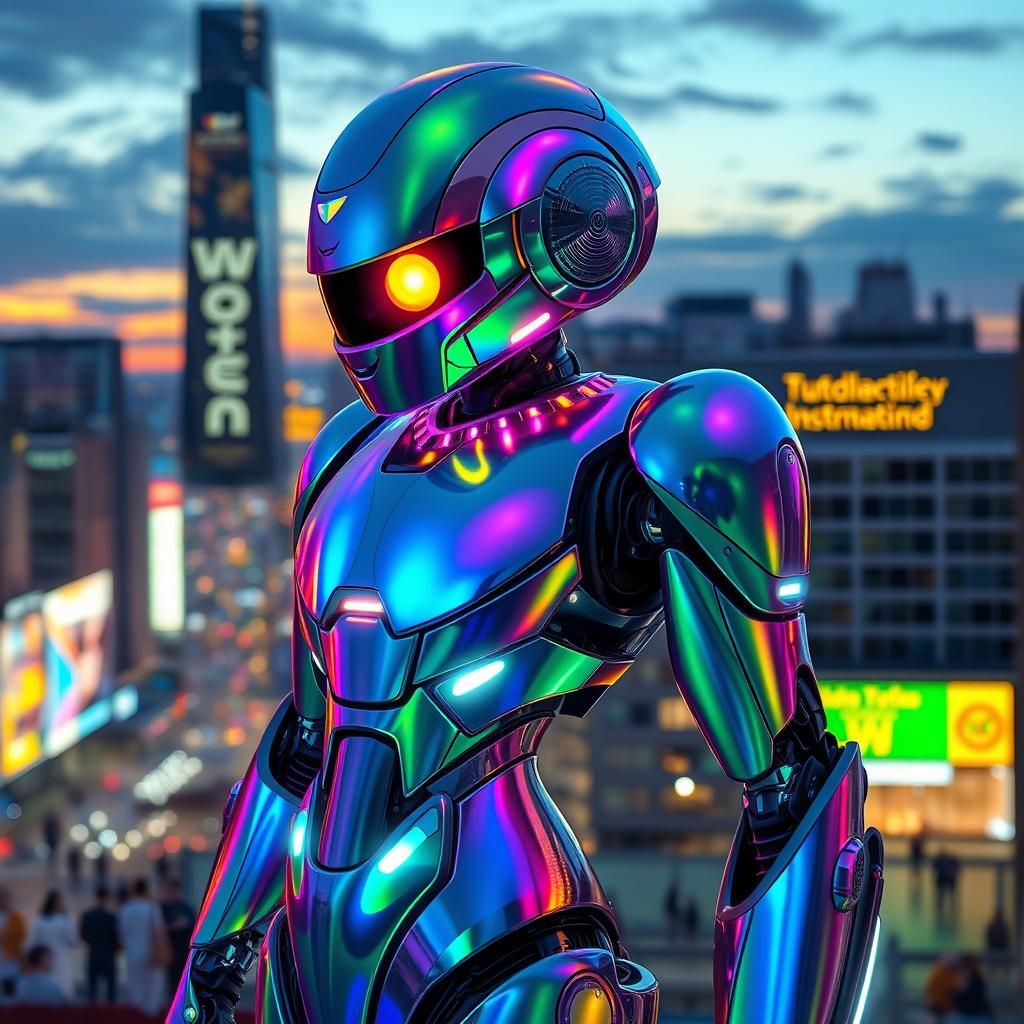 Iridescent Robot Flaunts Pride Colors in Cyberpunk Cityscape