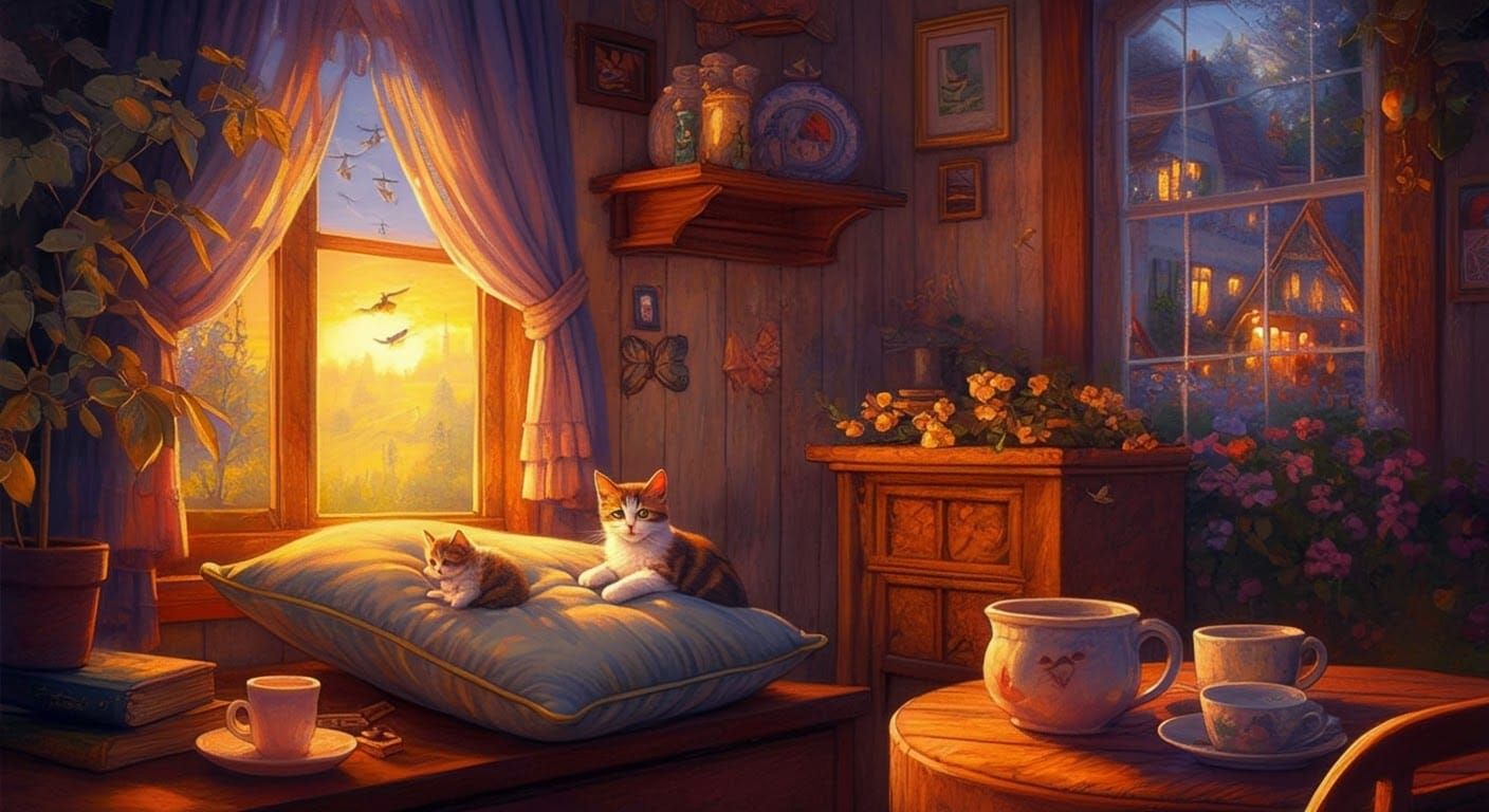 Ethereal Fantasy Cat on Pillow at Golden Hour