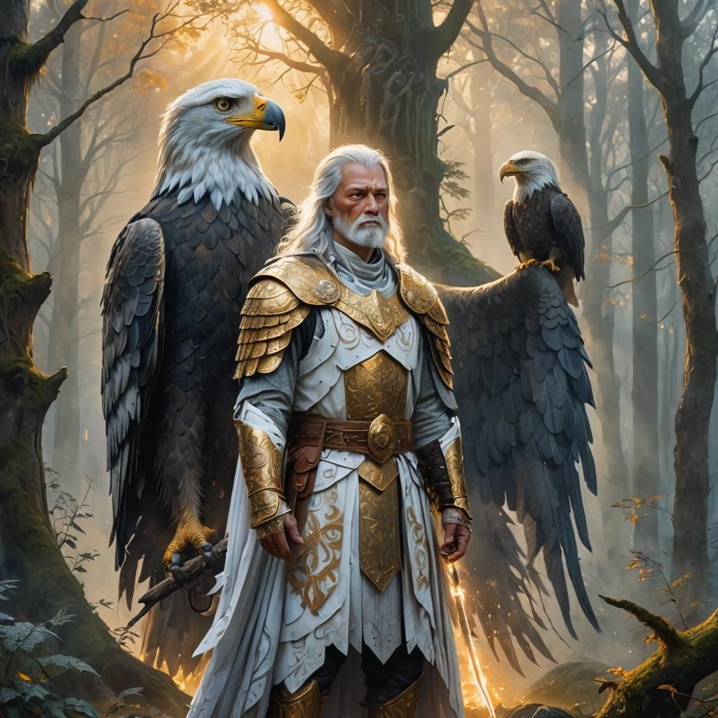 White Wizard and Armored Eagle in Misty Forest