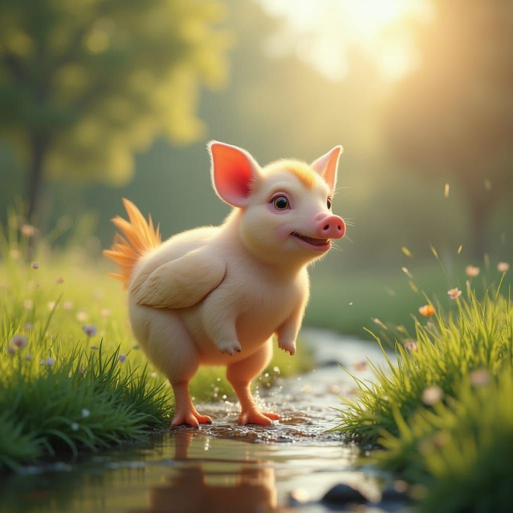 Photorealistic Pig-Rooster Hybrid in Lush Landscape