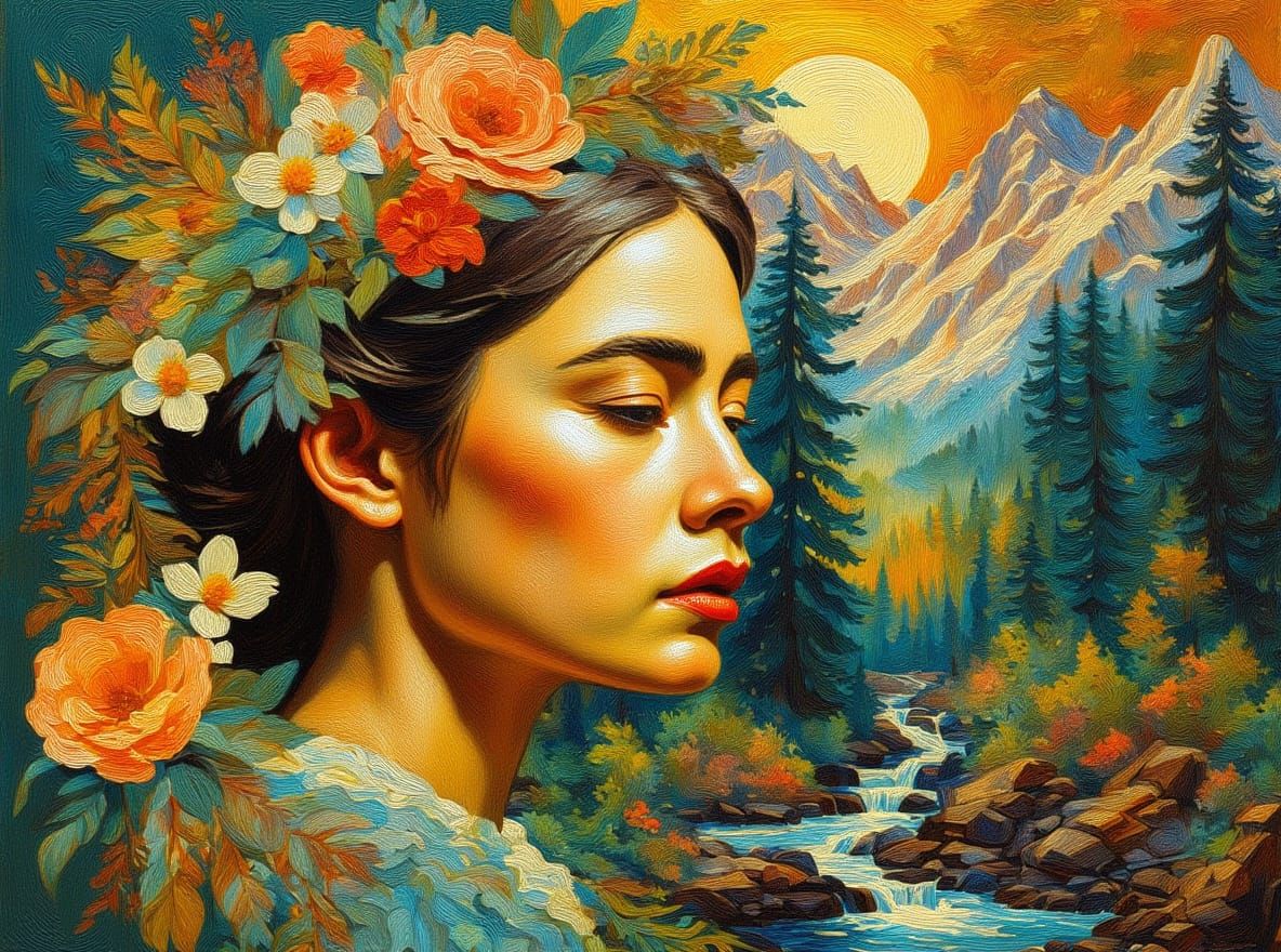 Floral Mountain Portrait in Impasto Gouache Style