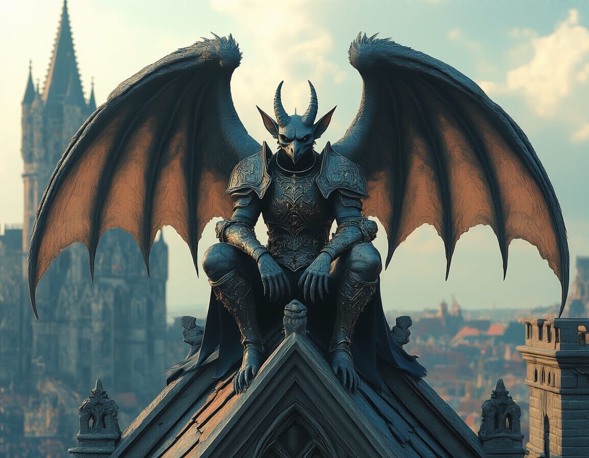 Gothic Gargoyle Sentinel on Dark Castle Roof