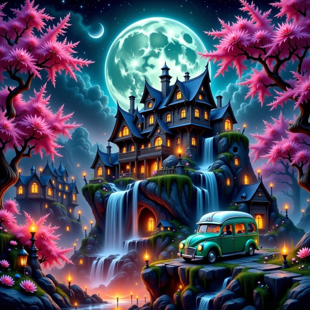 Miniature Village in Crescent Moon, Fantasy Art